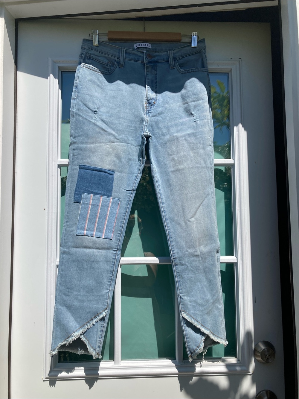 Women’s Light Blue Straight Skinny Leg Jeans with Patch Detail